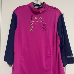 Jamie Sadock Women's Golf Top 3/4 Sleeves Pink Blue Rivets Stitching Zip Large